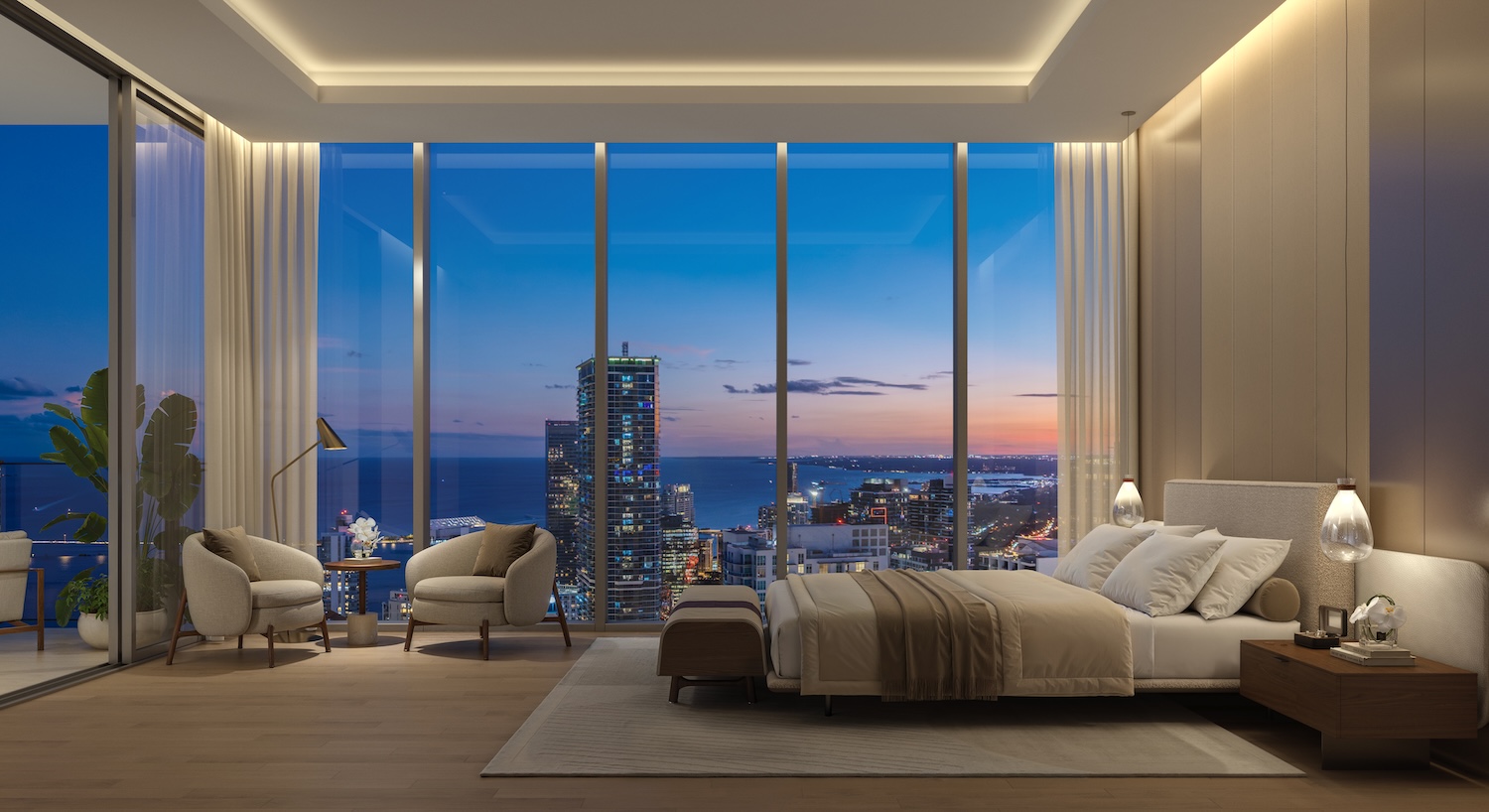 Interior refinado da suíte master do Nobu Residences